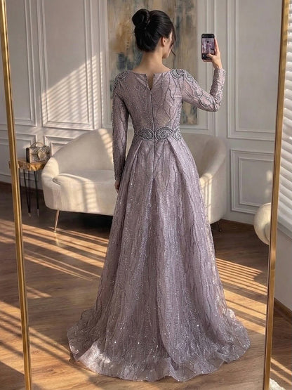 Luxury Nude Beaded V Neck Long Sleeve A Line Evening Dress LA73747 SERENE HILL