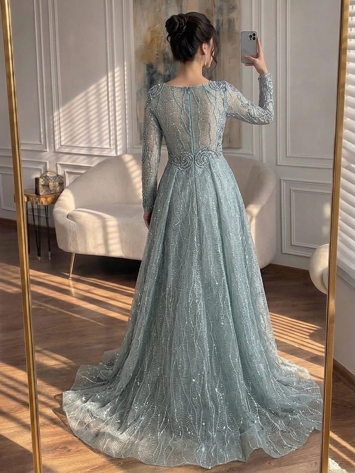 Luxury Nude Beaded V Neck Long Sleeve A Line Evening Dress LA73747 SERENE HILL