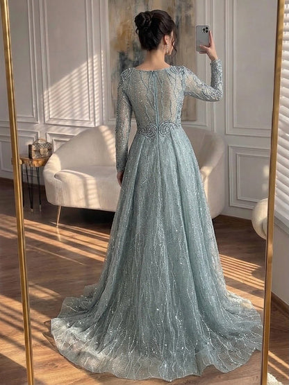 Luxury Nude Beaded V Neck Long Sleeve A Line Evening Dress LA73747 SERENE HILL