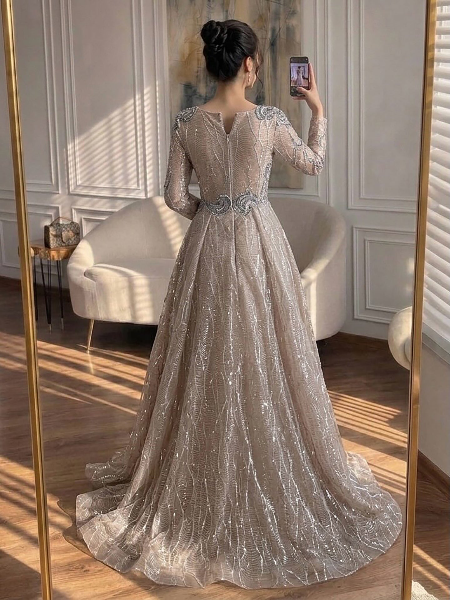 Luxury Nude Beaded V Neck Long Sleeve A Line Evening Dress LA73747 SERENE HILL