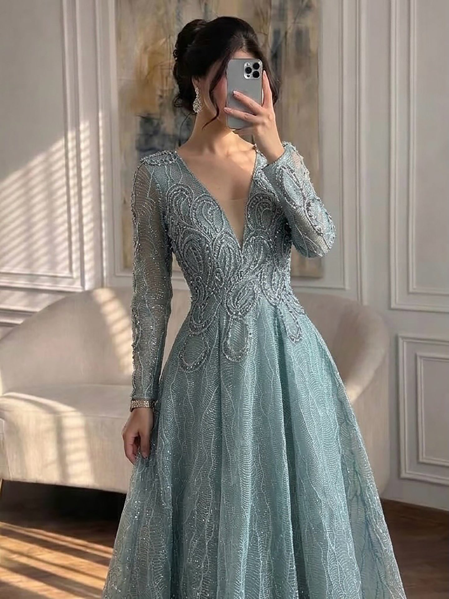 Luxury Nude Beaded V Neck Long Sleeve A Line Evening Dress LA73747 SERENE HILL