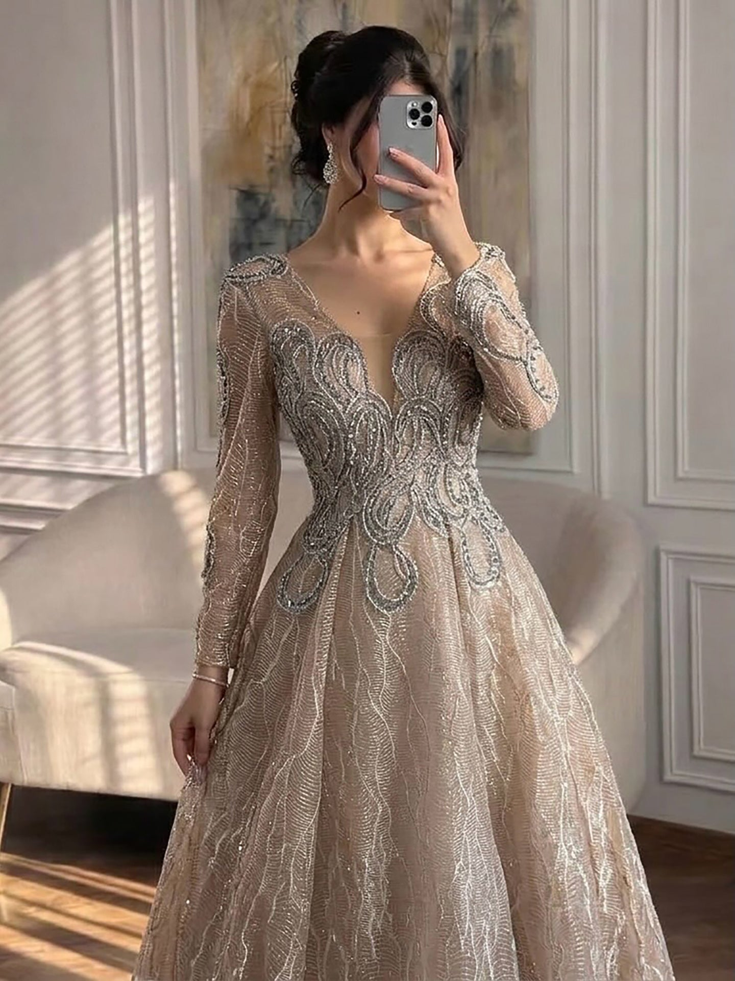 Luxury Nude Beaded V Neck Long Sleeve A Line Evening Dress LA73747 SERENE HILL