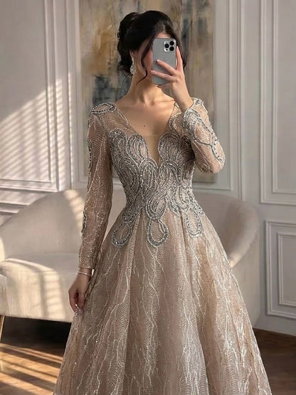 Luxury Nude Beaded V Neck Long Sleeve A Line Evening Dress LA73747 SERENE HILL