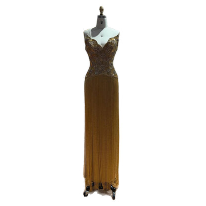 Luxury Hand Made Nude Gold Scallop Tassel Evening Dress LA73748 SERENE HILL