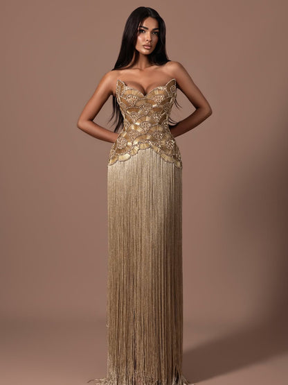 Luxury Hand Made Nude Gold Scallop Tassel Evening Dress LA73748 SERENE HILL