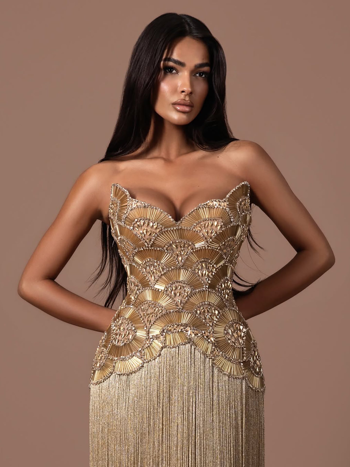 Luxury Hand Made Nude Gold Scallop Tassel Evening Dress LA73748 SERENE HILL