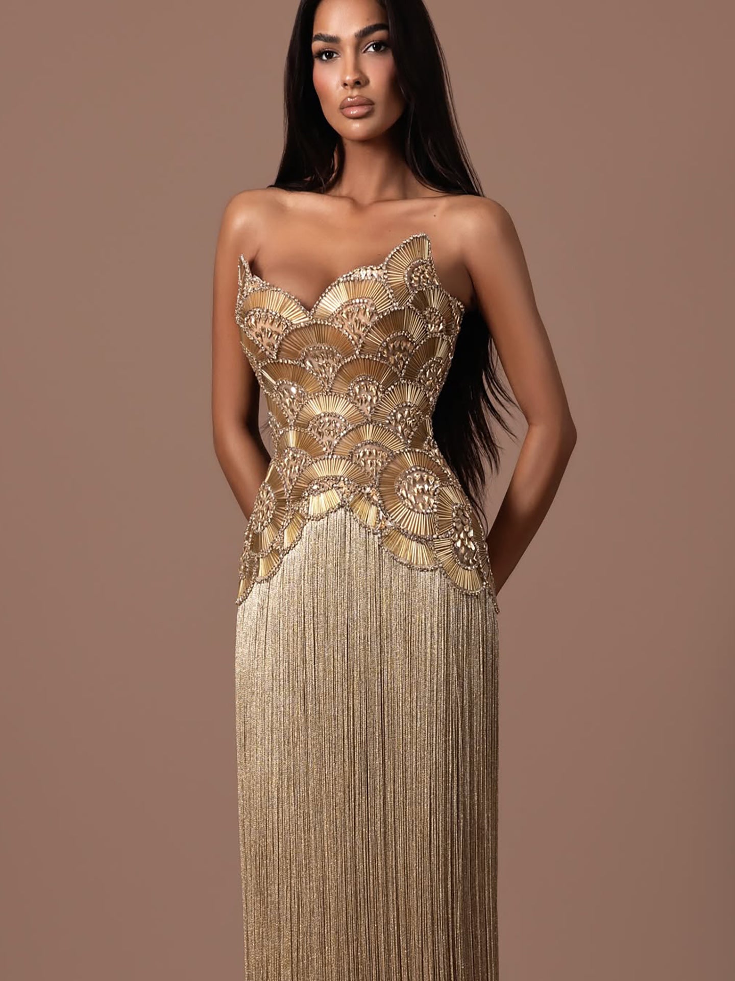 Luxury Hand Made Nude Gold Scallop Tassel Evening Dress LA73748 SERENE HILL