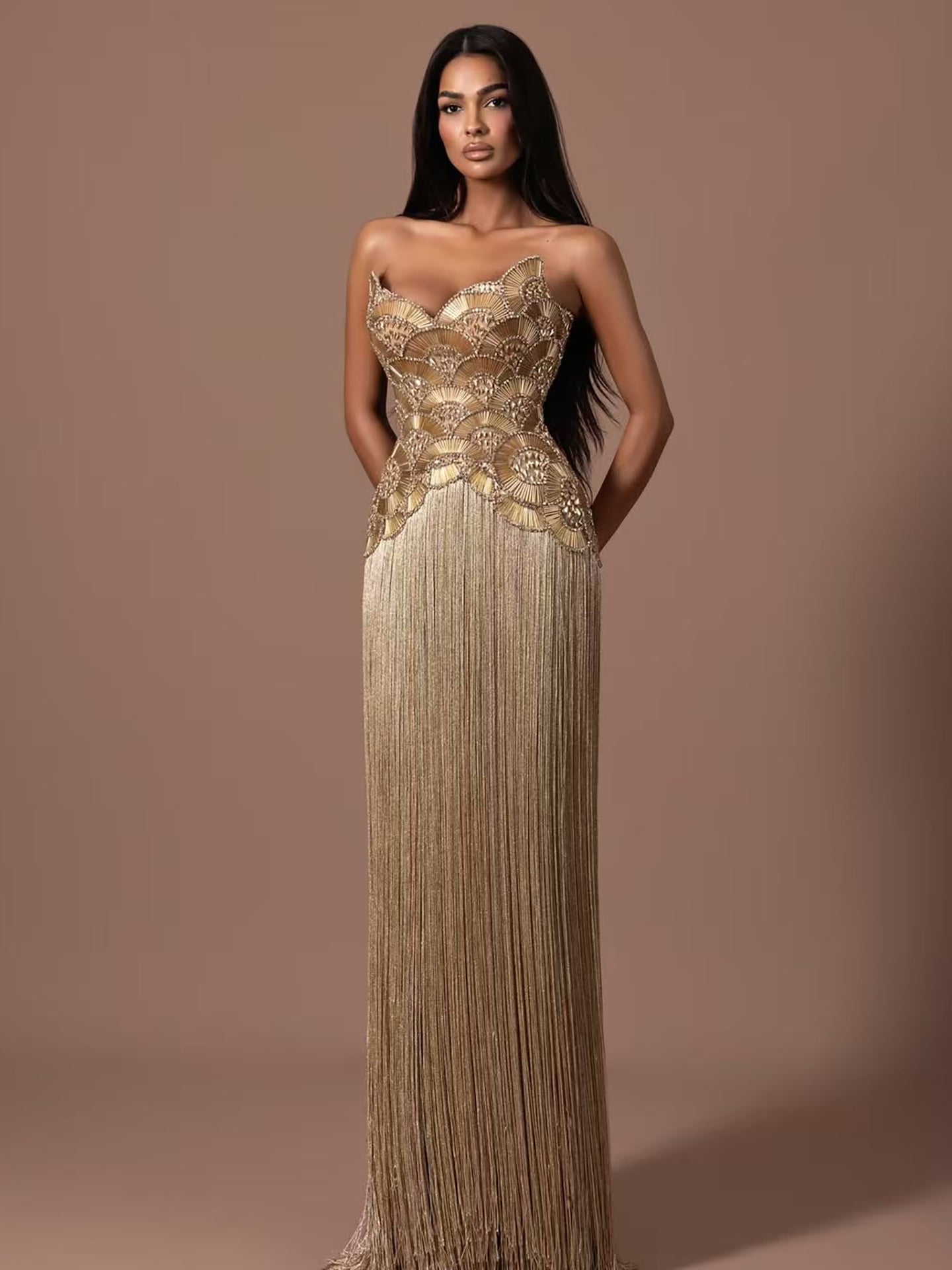 Luxury Hand Made Nude Gold Scallop Tassel Evening Dress LA73748 SERENE HILL