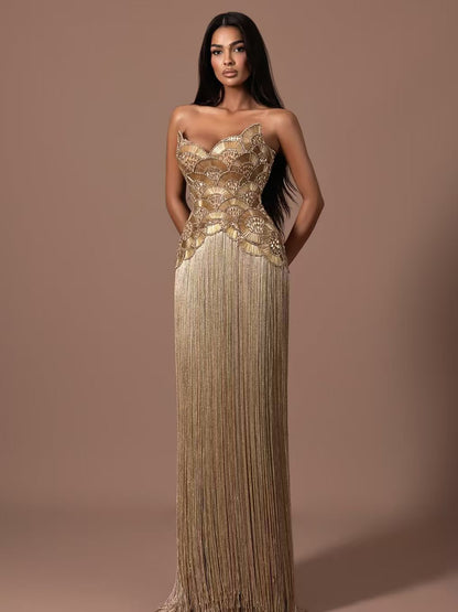 Luxury Hand Made Nude Gold Scallop Tassel Evening Dress LA73748 SERENE HILL