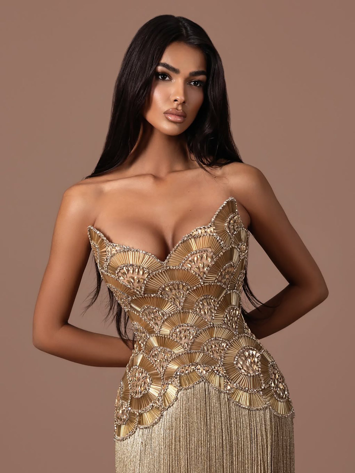 Luxury Hand Made Nude Gold Scallop Tassel Evening Dress LA73748 SERENE HILL