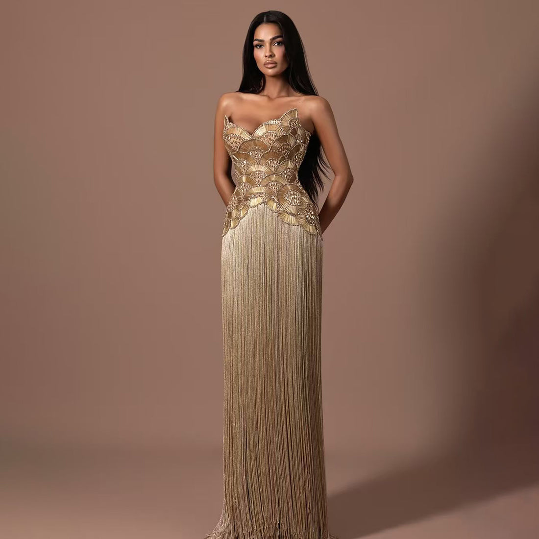 Luxury Hand Made Nude Gold Scallop Tassel Evening Dress LA73748 SERENE HILL
