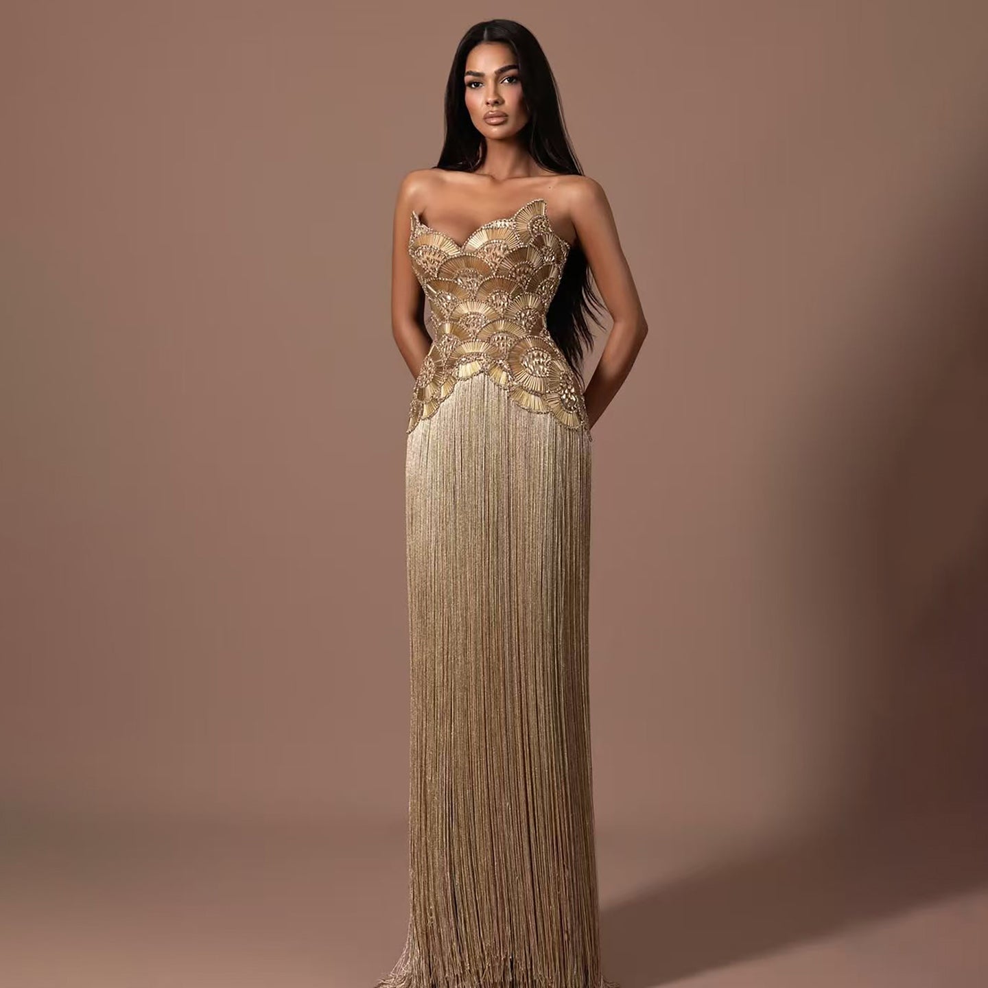 Luxury Hand Made Nude Gold Scallop Tassel Evening Dress LA73748 SERENE HILL