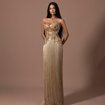 Luxury Hand Made Nude Gold Scallop Tassel Evening Dress LA73748 SERENE HILL