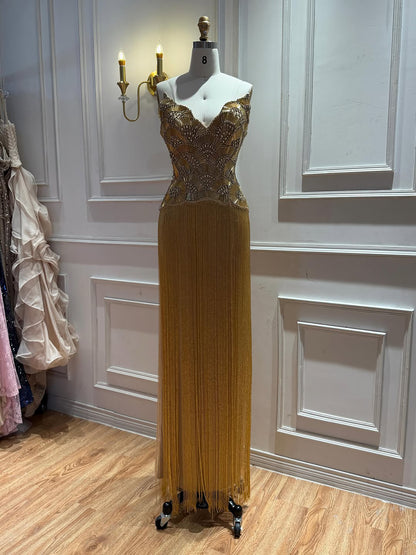Luxury Hand Made Nude Gold Scallop Tassel Evening Dress LA73748 SERENE HILL