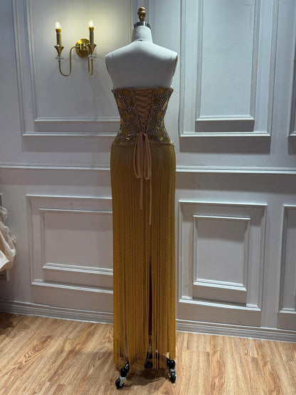 Luxury Hand Made Nude Gold Scallop Tassel Evening Dress LA73748 SERENE HILL