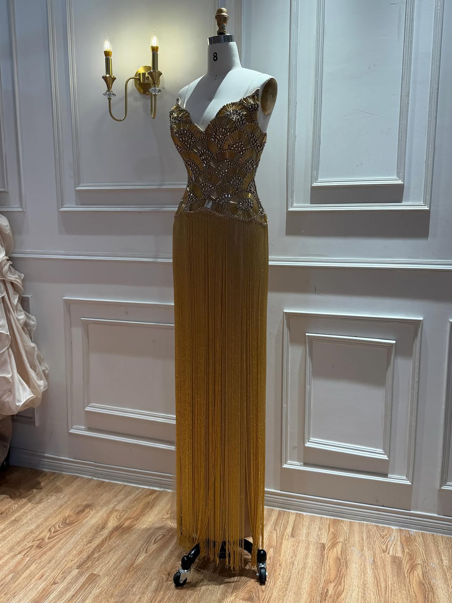 Luxury Hand Made Nude Gold Scallop Tassel Evening Dress LA73748 SERENE HILL