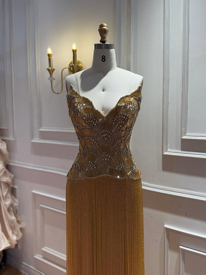 Luxury Hand Made Nude Gold Scallop Tassel Evening Dress LA73748 SERENE HILL