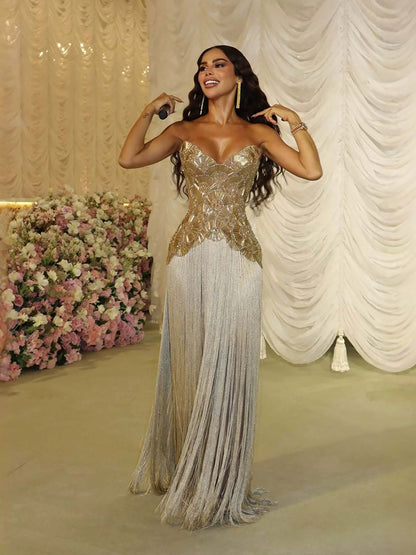 Luxury Gold Strapless Heavy Beaded Fringe Evening Dress LA73748 SERENE HILL