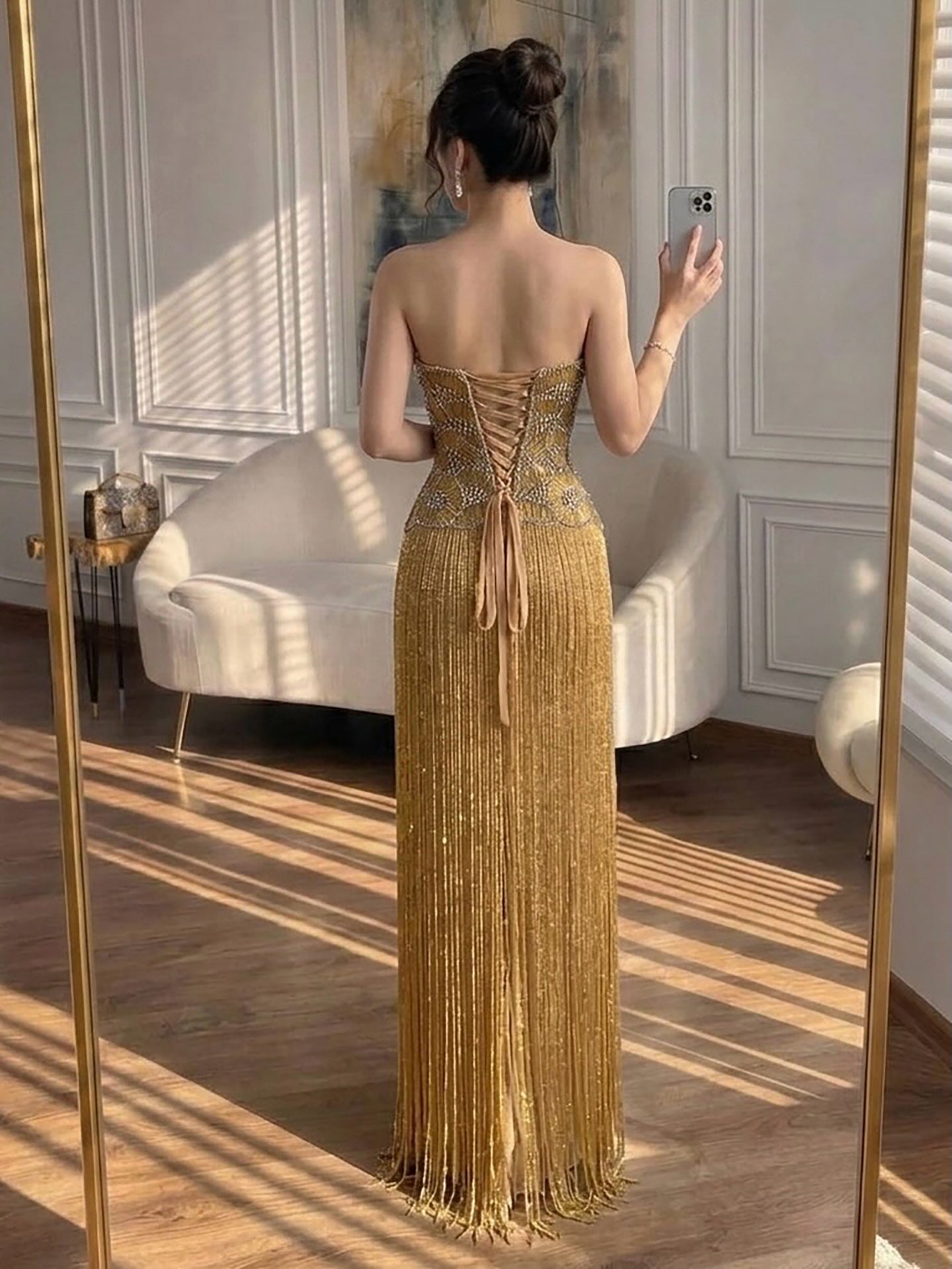 Luxury Hand Made Nude Gold Scallop Tassel Evening Dress LA73748 SERENE HILL