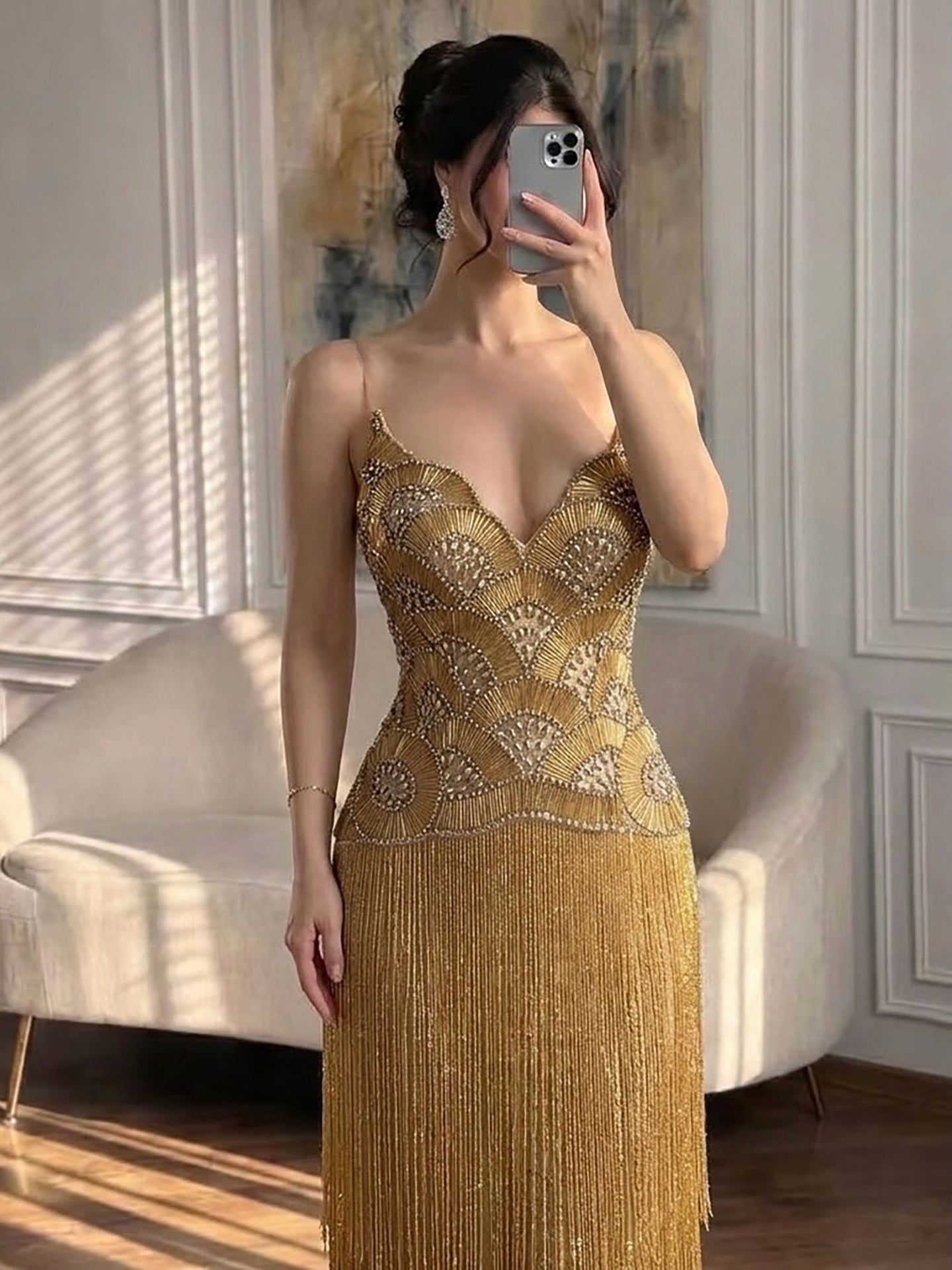 Luxury Hand Made Nude Gold Scallop Tassel Evening Dress LA73748 SERENE HILL
