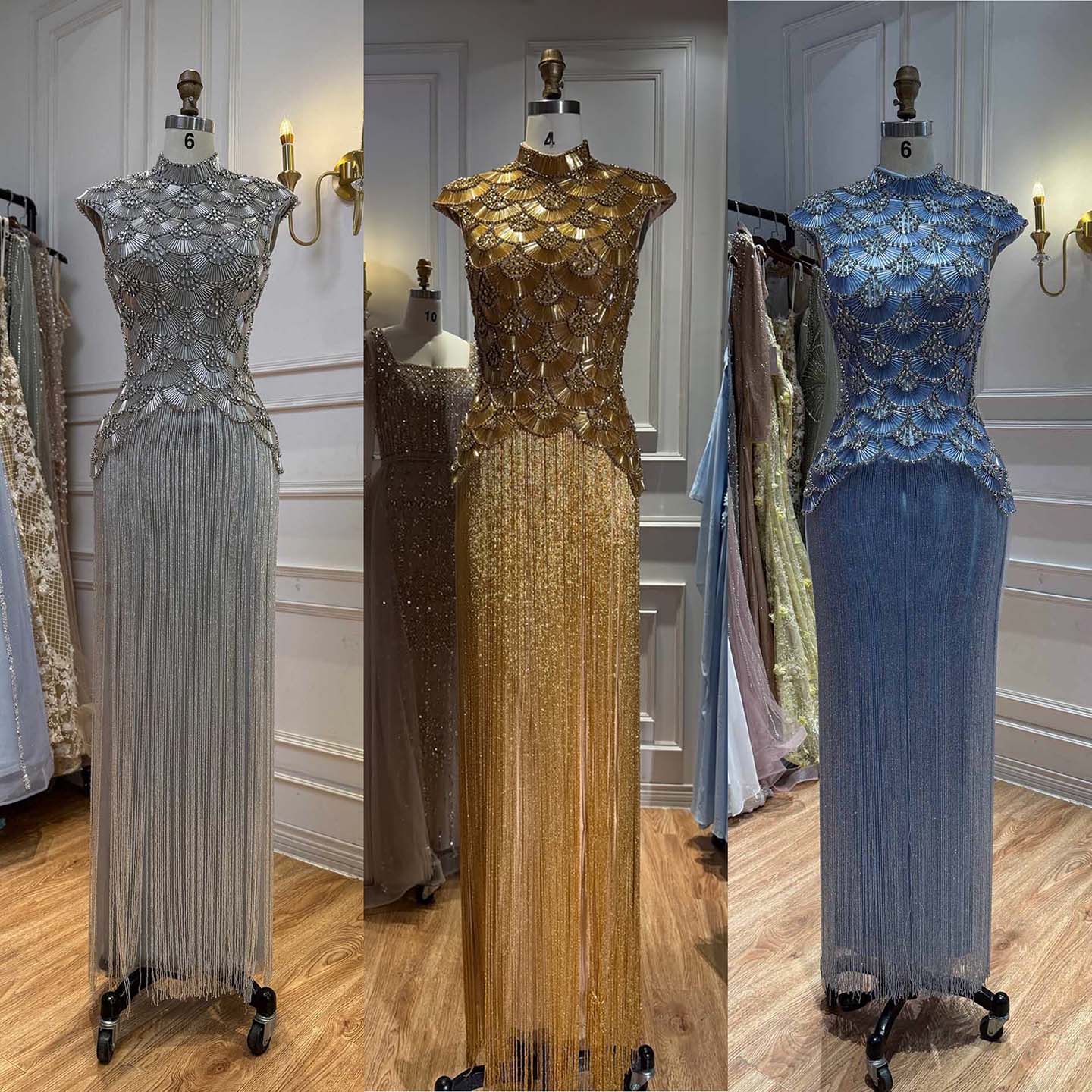 Luxury Gold Crystal Beaded Tassel High Neck Evening Dress LA73748A SERENE HILL