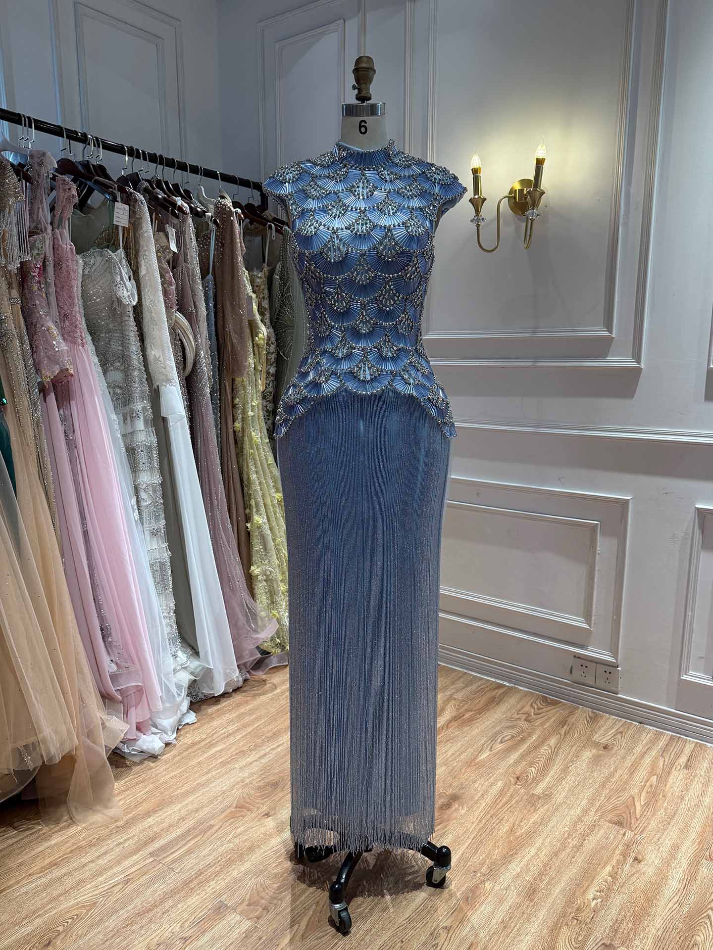 Luxury Gold Crystal Beaded Tassel High Neck Evening Dress LA73748A SERENE HILL