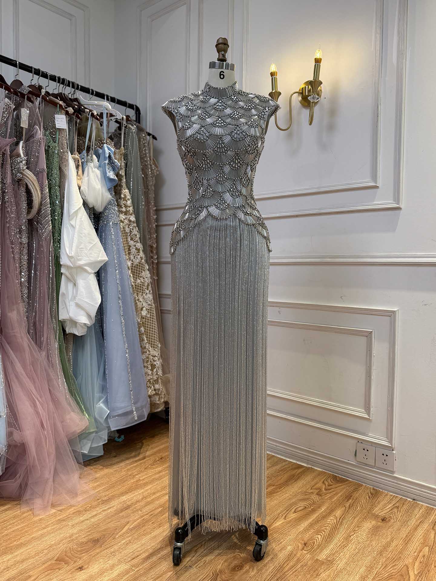 Luxury Gold Crystal Beaded Tassel High Neck Evening Dress LA73748A SERENE HILL