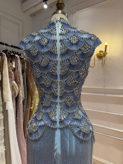 Luxury Gold Crystal Beaded Tassel High Neck Evening Dress LA73748A SERENE HILL