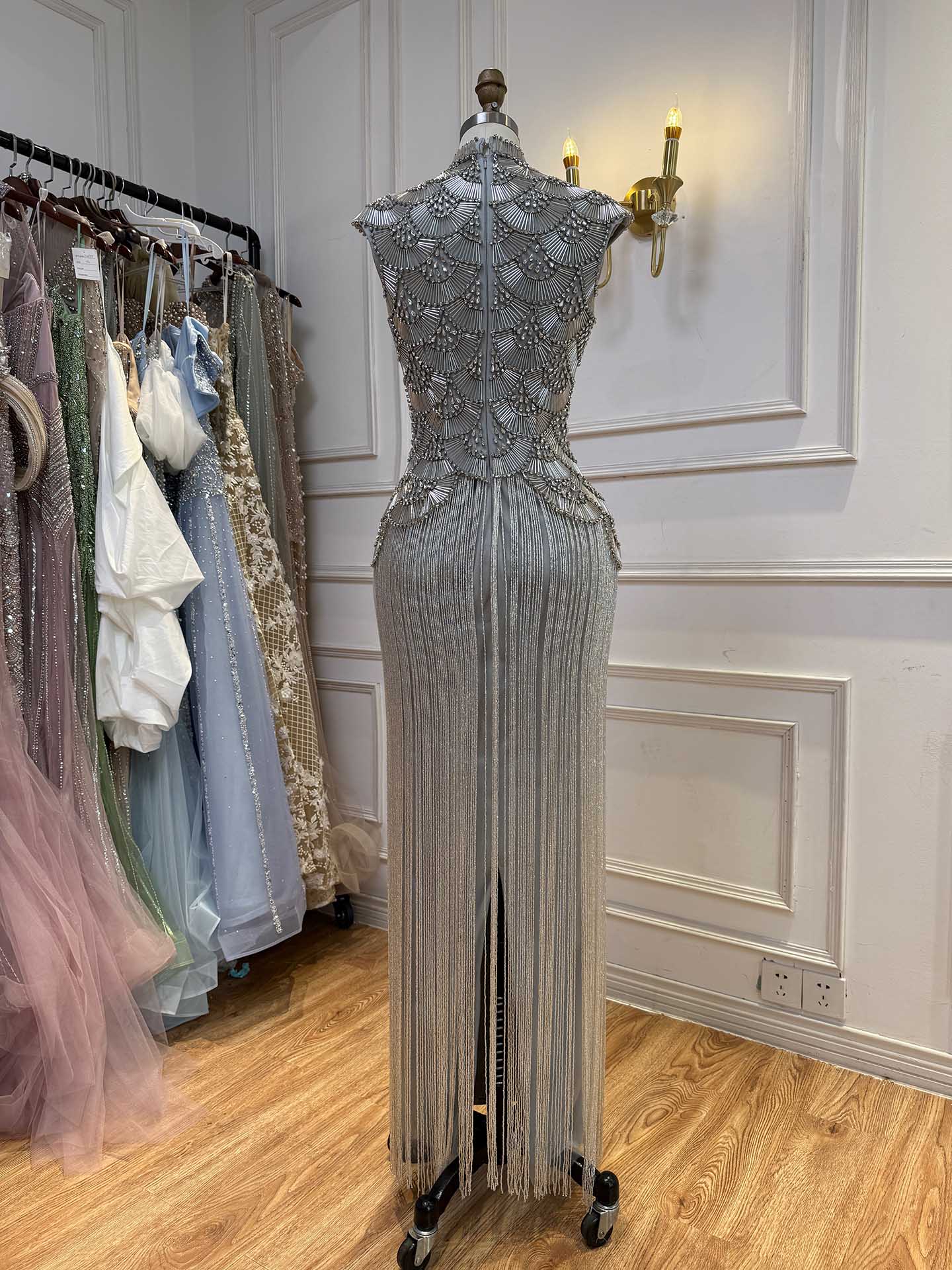 Luxury Gold Crystal Beaded Tassel High Neck Evening Dress LA73748A SERENE HILL