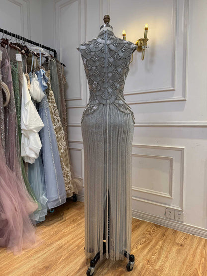 Luxury Gold Crystal Beaded Tassel High Neck Evening Dress LA73748A SERENE HILL