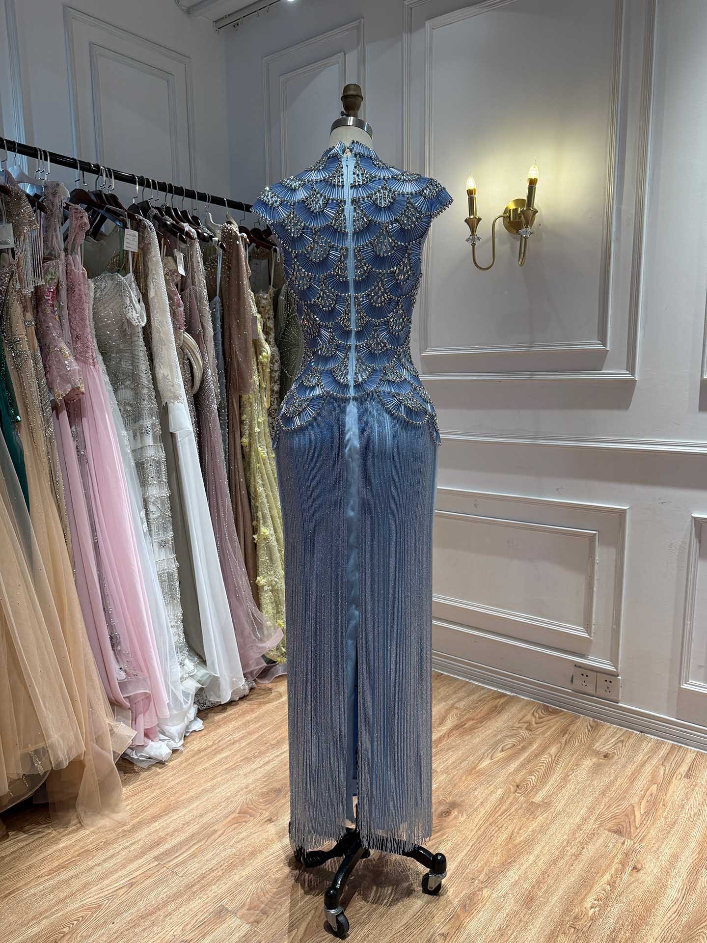 Luxury Gold Crystal Beaded Tassel High Neck Evening Dress LA73748A SERENE HILL