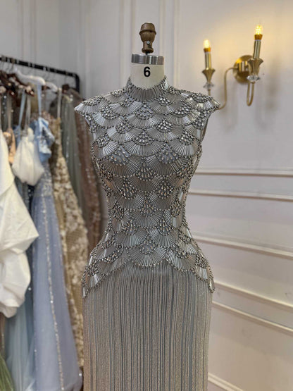 Luxury Gold Crystal Beaded Tassel High Neck Evening Dress LA73748A SERENE HILL