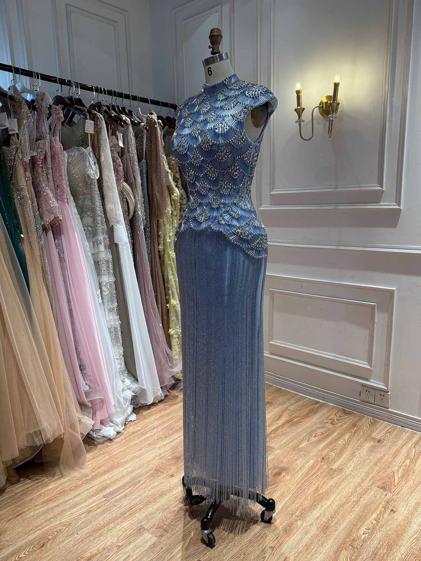 Luxury Gold Crystal Beaded Tassel High Neck Evening Dress LA73748A SERENE HILL