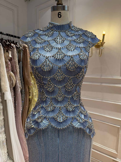 Luxury Gold Crystal Beaded Tassel High Neck Evening Dress LA73748A SERENE HILL