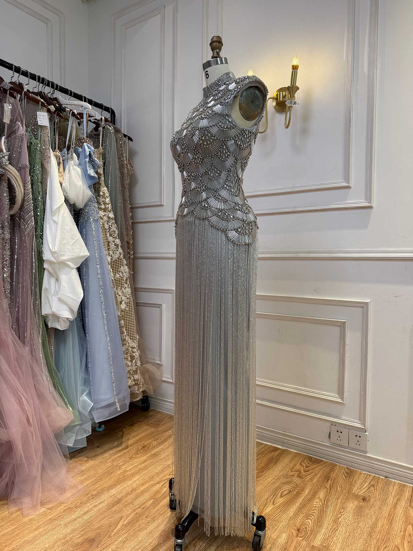 Luxury Gold Crystal Beaded Tassel High Neck Evening Dress LA73748A SERENE HILL