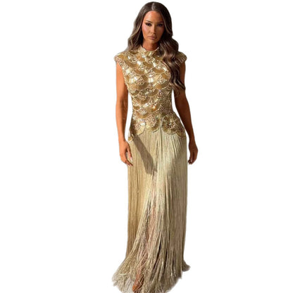 Luxury Gold Crystal Beaded Tassel High Neck Evening Dress LA73748A SERENE HILL
