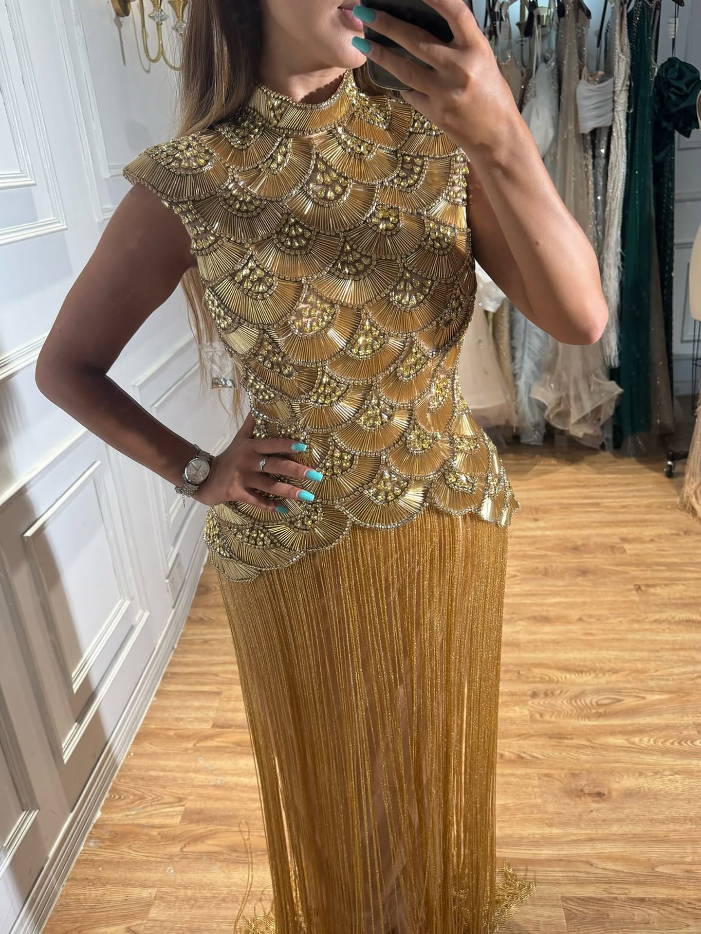 Luxury Gold Crystal Beaded Tassel High Neck Evening Dress LA73748A SERENE HILL