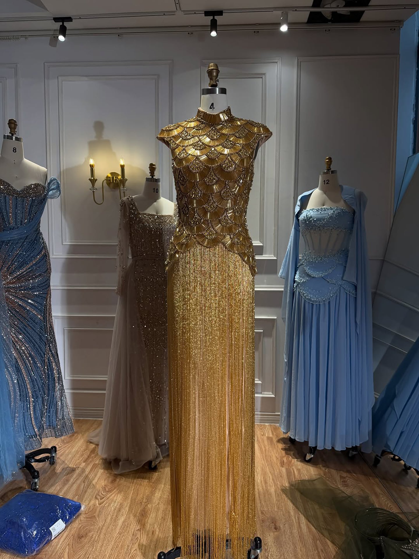 Luxury Gold Crystal Beaded Tassel High Neck Evening Dress LA73748A SERENE HILL