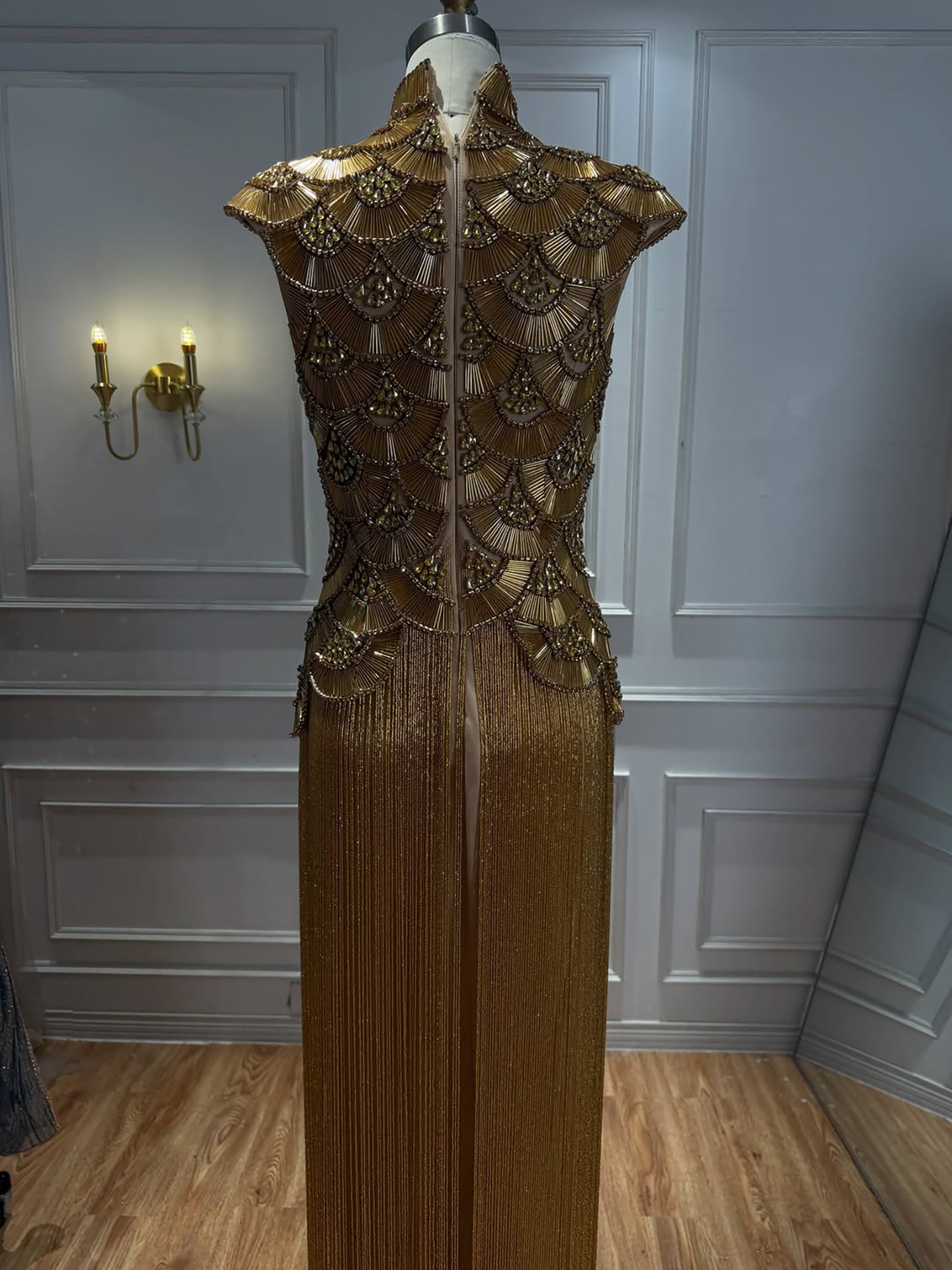 Luxury Gold Crystal Beaded Tassel High Neck Evening Dress LA73748A SERENE HILL