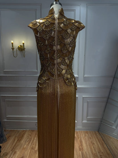 Luxury Gold Crystal Beaded Tassel High Neck Evening Dress LA73748A SERENE HILL