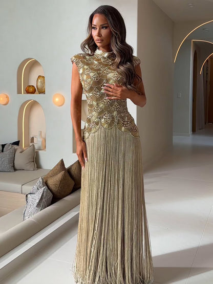 Luxury Gold Crystal Beaded Tassel High Neck Evening Dress LA73748A SERENE HILL