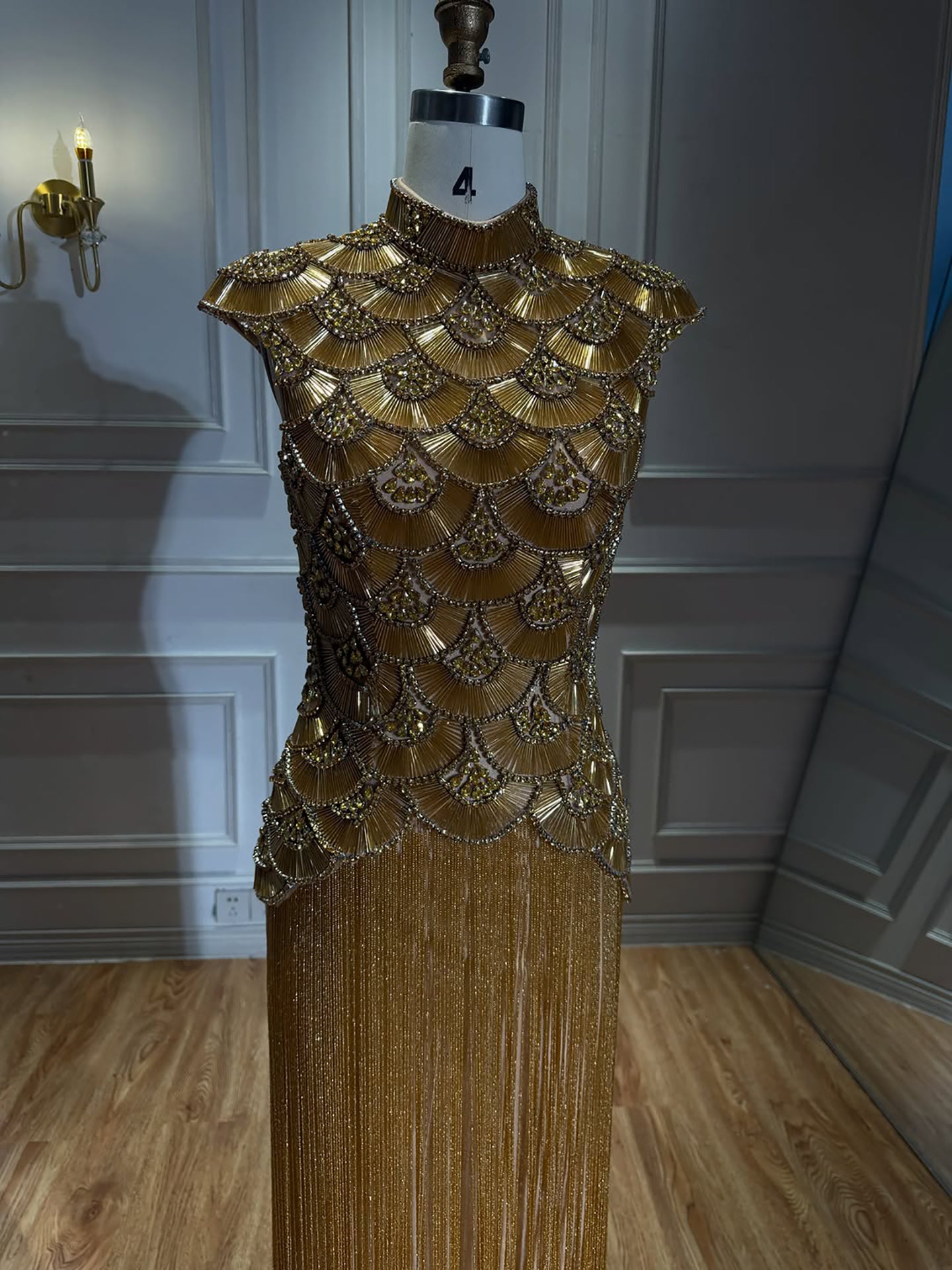 Luxury Gold Crystal Beaded Tassel High Neck Evening Dress LA73748A SERENE HILL