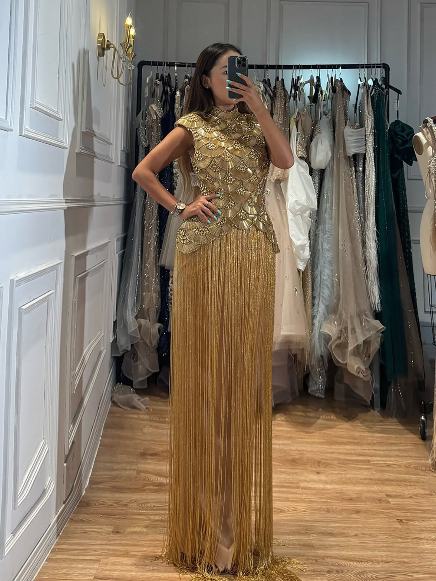 Luxury Gold Crystal Beaded Tassel High Neck Evening Dress LA73748A SERENE HILL
