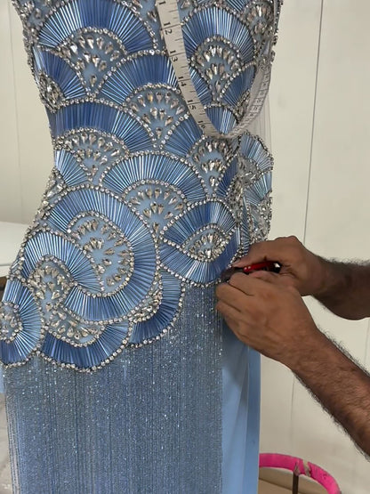 Luxury Gold Crystal Beaded Tassel High Neck Evening Dress LA73748A SERENE HILL