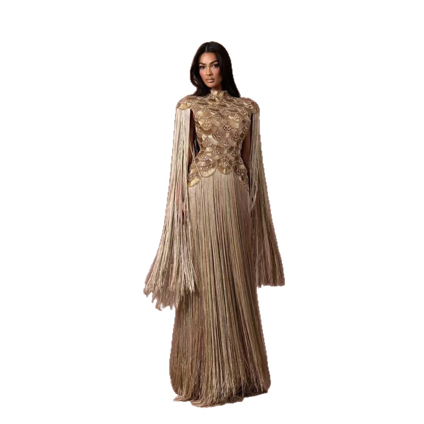 Luxury Gold Scallop Beaded High Neck Dress with Tassel Sleeves LA73748B SERENE HILL