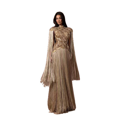 Luxury Gold Scallop Beaded High Neck Dress with Tassel Sleeves LA73748B SERENE HILL