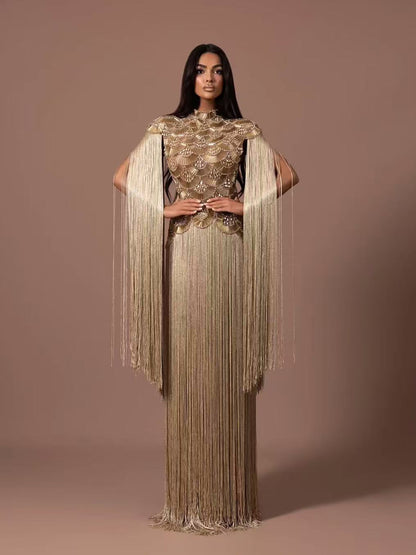 Luxury Gold Scallop Beaded High Neck Dress with Tassel Sleeves LA73748B SERENE HILL