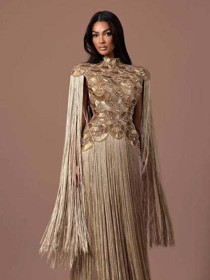 Luxury Gold Scallop Beaded High Neck Dress with Tassel Sleeves LA73748B SERENE HILL