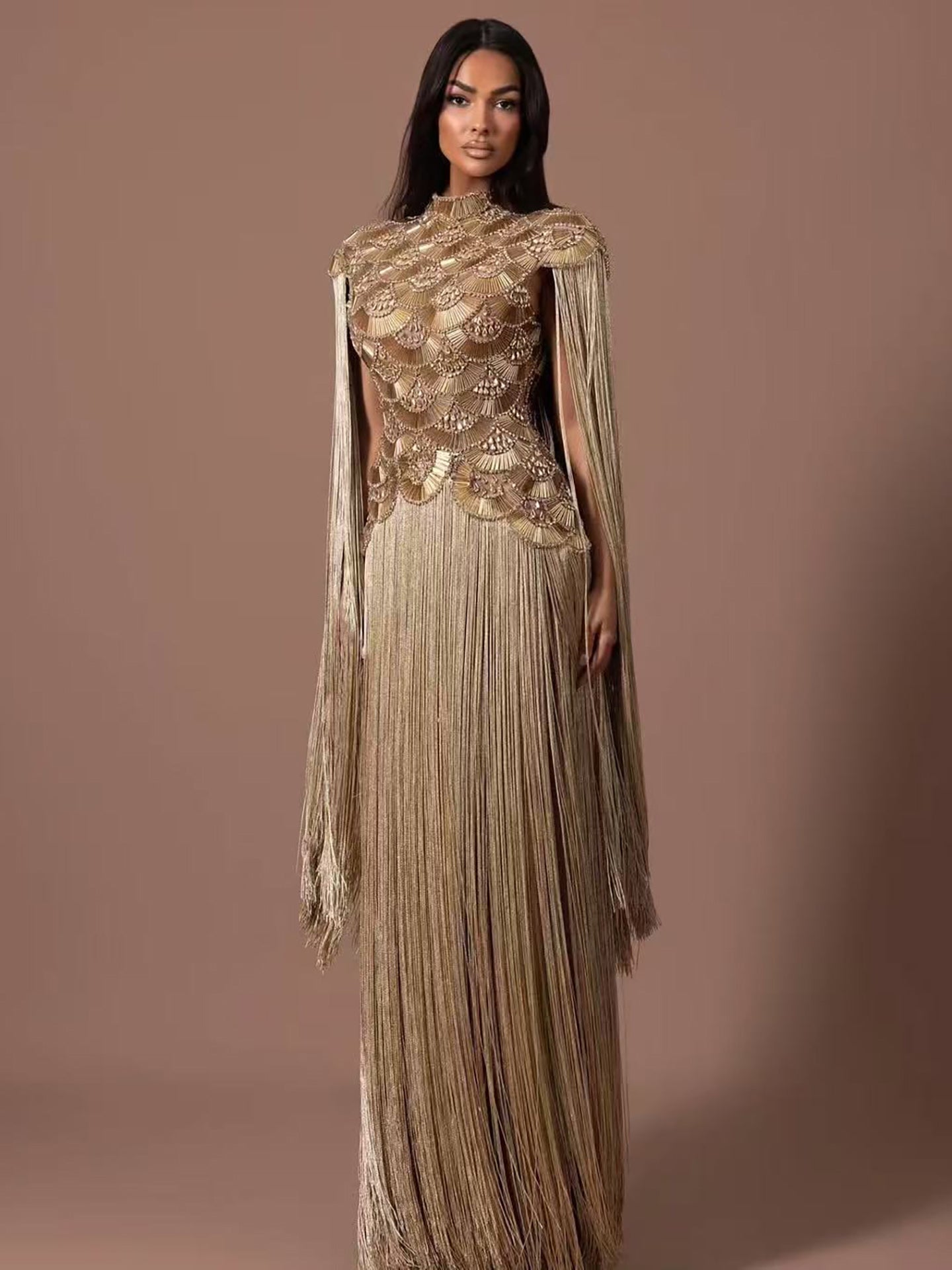 Luxury Gold Scallop Beaded High Neck Dress with Tassel Sleeves LA73748B SERENE HILL