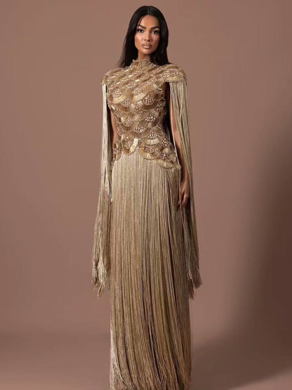 Luxury Gold Scallop Beaded High Neck Dress with Tassel Sleeves LA73748B SERENE HILL